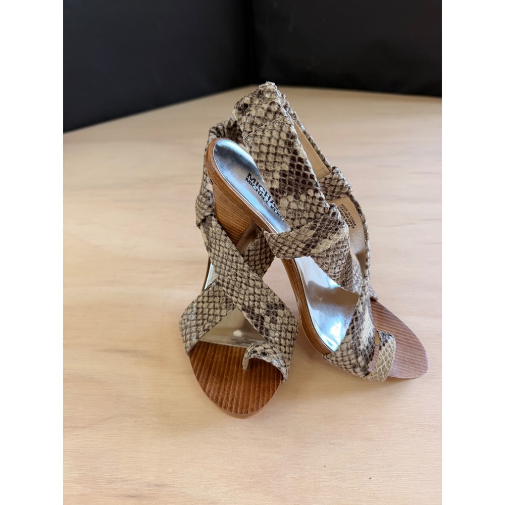 Michael Michael Kors Snakeskin Embossed Slingback Cone Heel Sandals Brown 6.5M